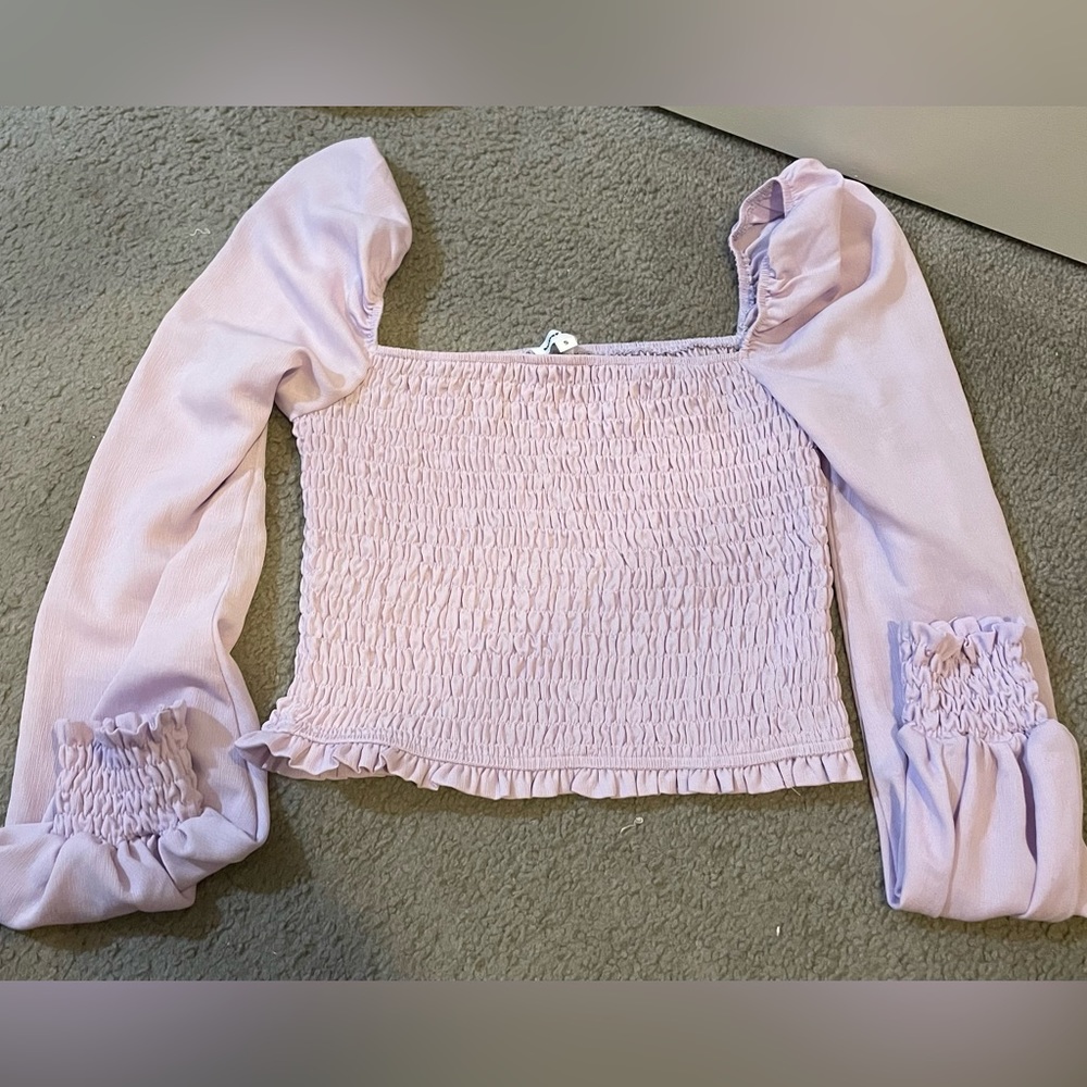 Purple Superdown rouched top with puffer sleeves